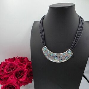 Ornate Floral Pendant Choker Necklace Blue Green Enamel Brighton Style Boho